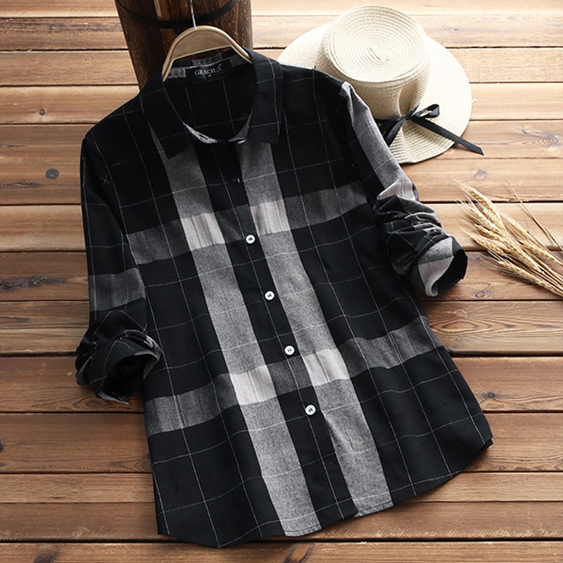 GRACILA Women Long Sleeve Plaid  Casual Loose Lapel Turn Down Collar Blouse