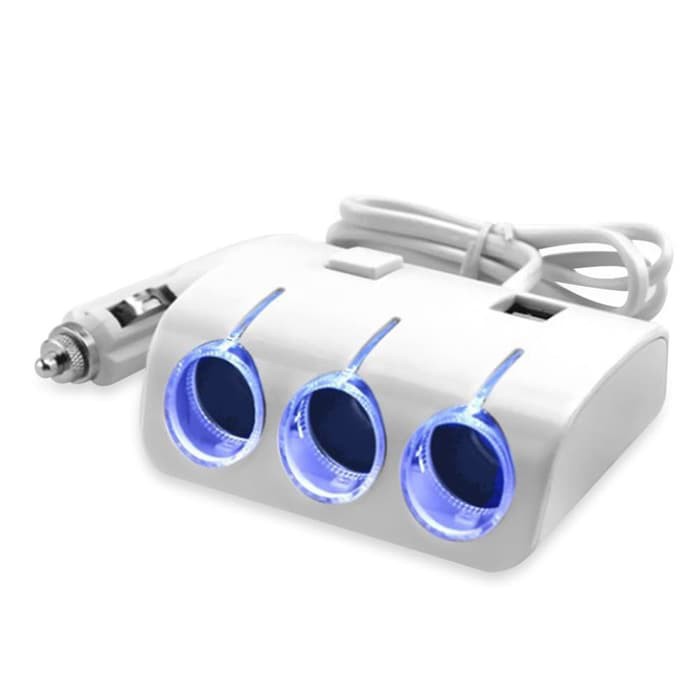 3 Way Putih Car Lighter Socket Splitter Dual USB Charger 12V White