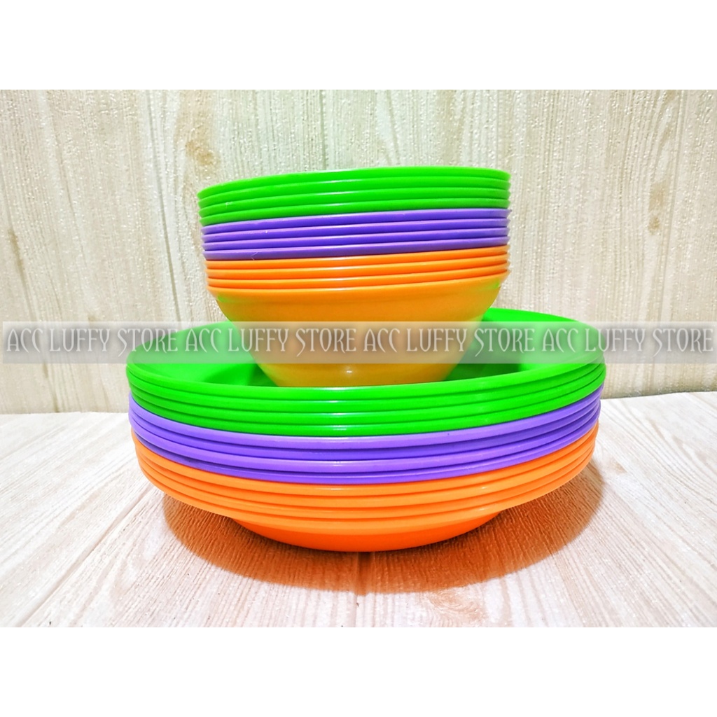 Murah 1 lusin Piring Makan & Mangkuk Plastik Multiwarna Anti pecah