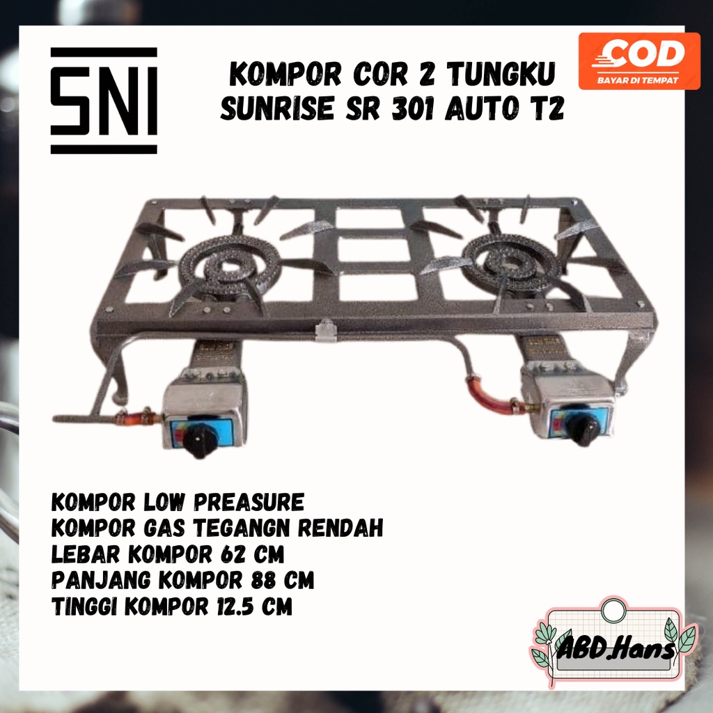(ABD) Peralatan Rumah Tangga Kompor Cor 2 Tungku Sunrise SR 301 Auto T2 SNI Low Pressure Tekanan Ren