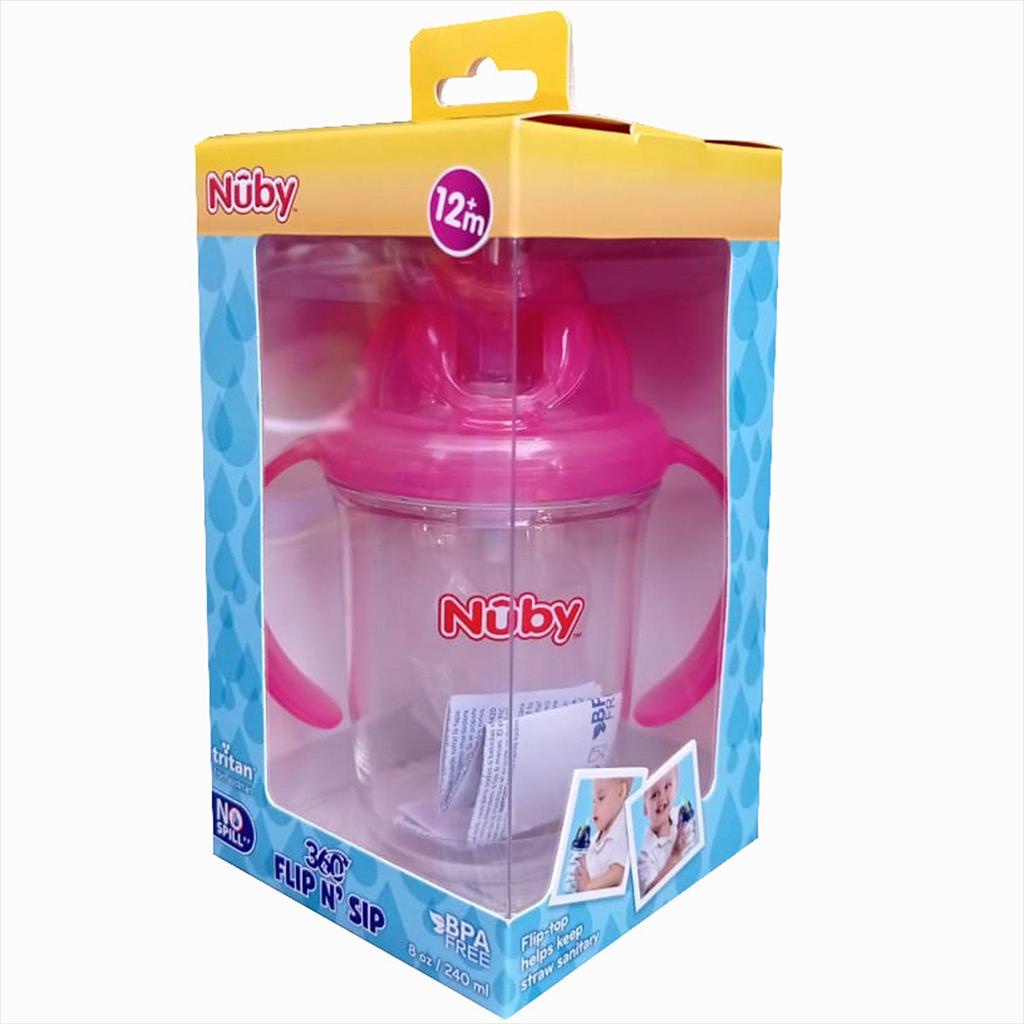 NUBY 124547 240 ml Tritan Flip it with Straw Pink Botol