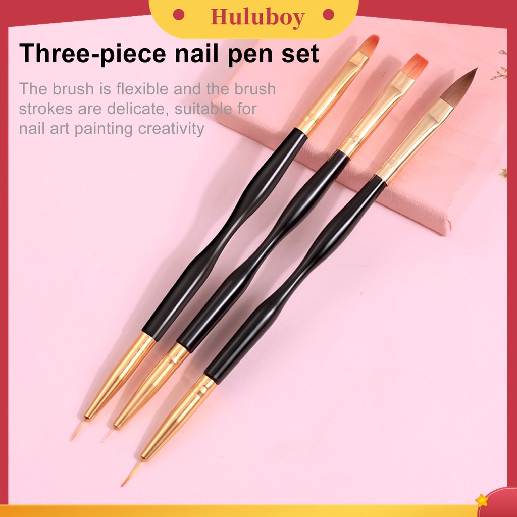 Huluboy Huluboy♡ 3 Pcs / Set Pen Nail Art Dua Sisi Bahan Plastik Untuk Kecantikan