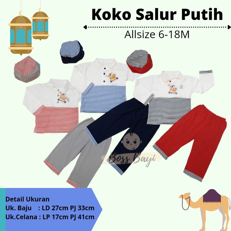 Setelan Koko Peci Bayi Anak Salur Putih 6-18bulan / Baju Lebaran Anak Laki Laki