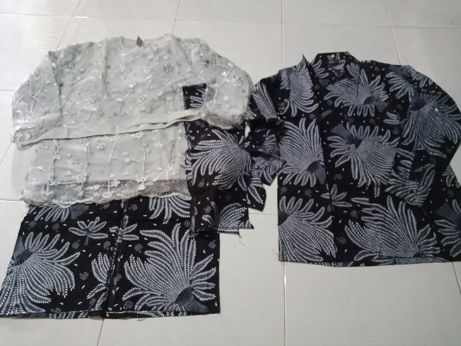 (ready Lengkap 4 Warna) Couple Batik Tile Brukat Mika Padi Putih Rona Selendang