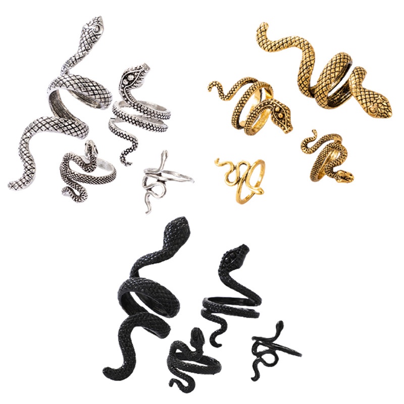 Fancyqube 4pcs / Set Cincin Bentuk Ular Bahan Metal Alloy Warna Silver Gaya Vintage Gothic Untuk Pria Dan Wanita