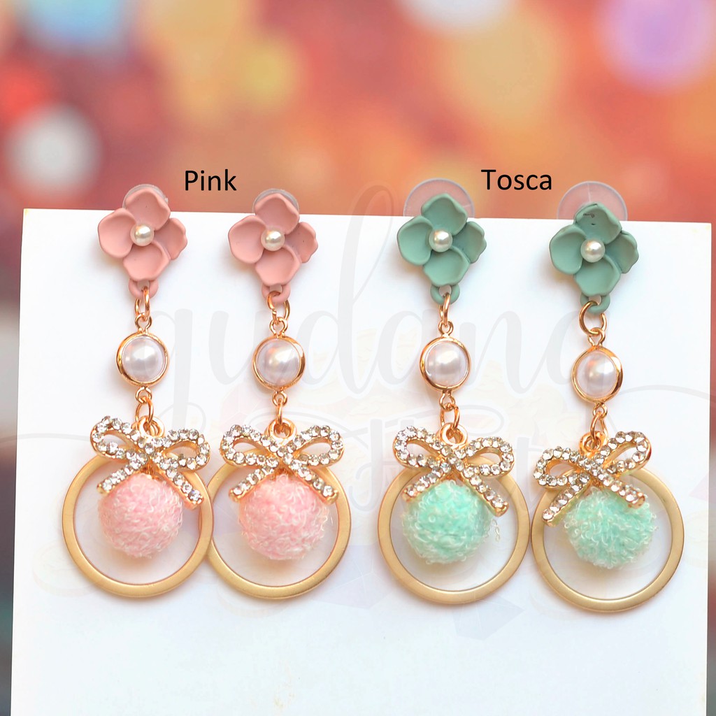 Anting Stud Korea Panjang Flower Ribbon Pearl and Pompom Lucu Unik GH 203574