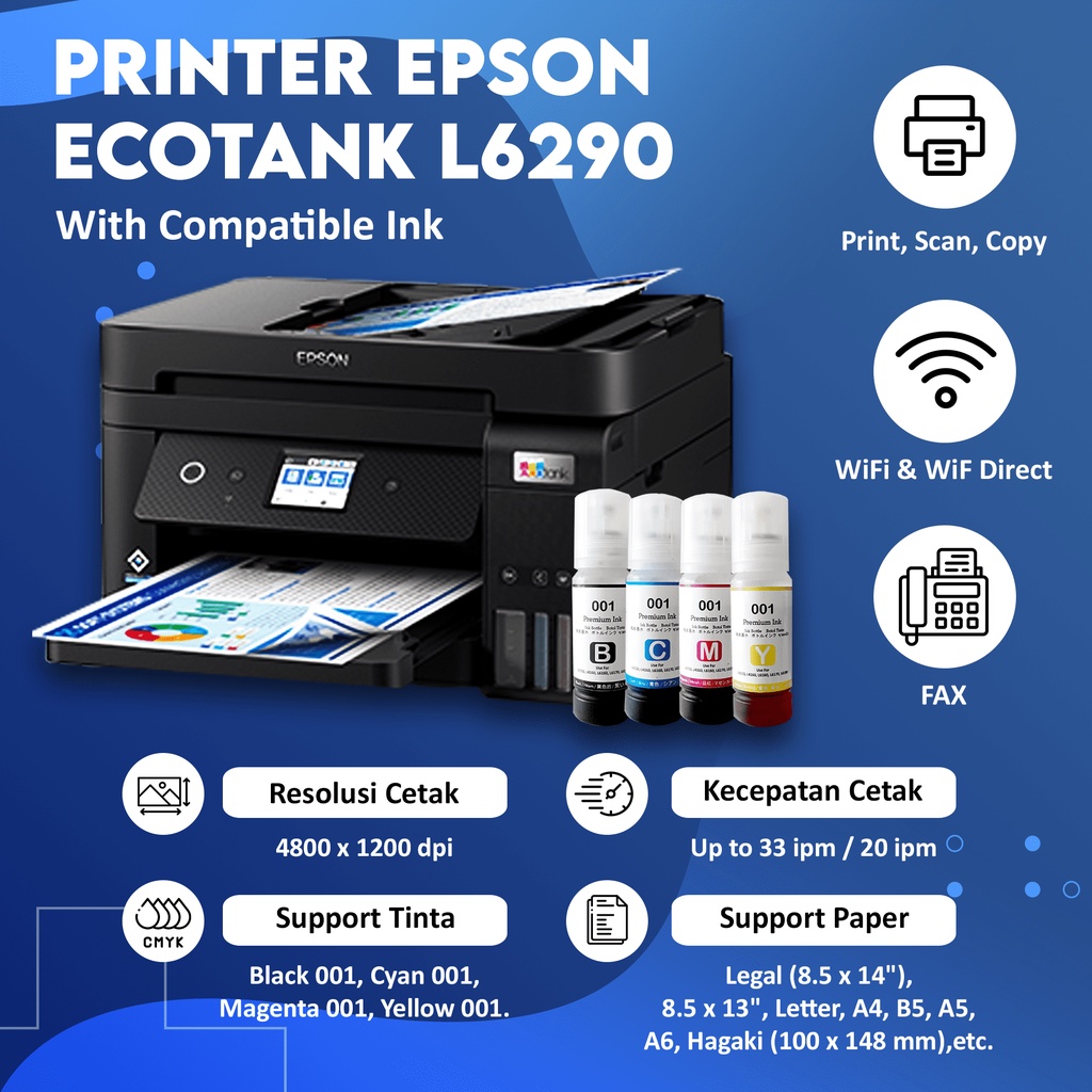 All-in-One Printer Epson L6290 WiFi Print Scan Copy Fax Duplex All-in-One Ink Tank Printer with ADF EcoTank L-6290 A4 Pengganti L6190 Borderless 4R