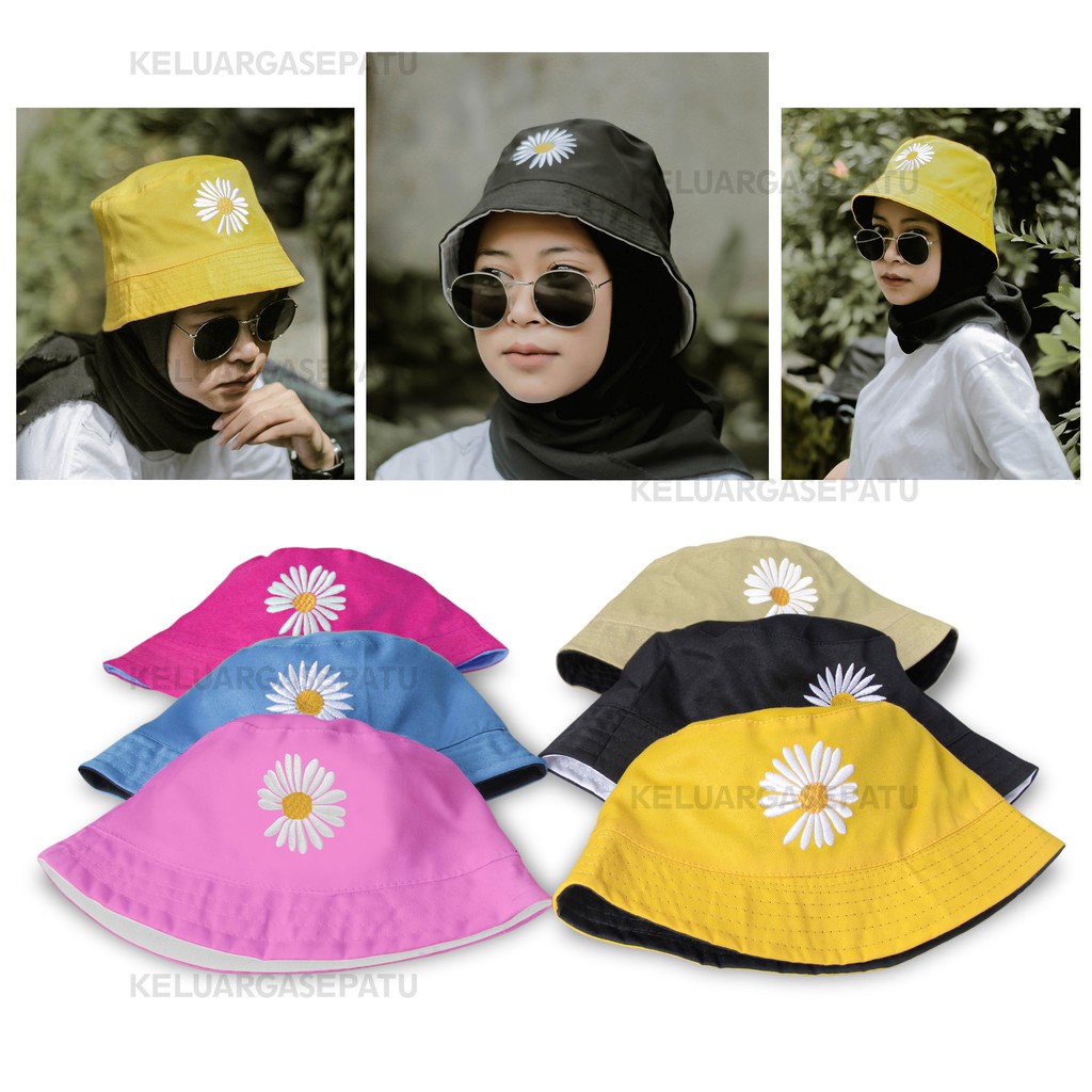 TOPI BUCKET WANITA TOPI BUCKET BORDIR BUNGA TOPI BUCKET BOLAK BALIK 2 WARNA TOPI BUCKET ANAK MURAH