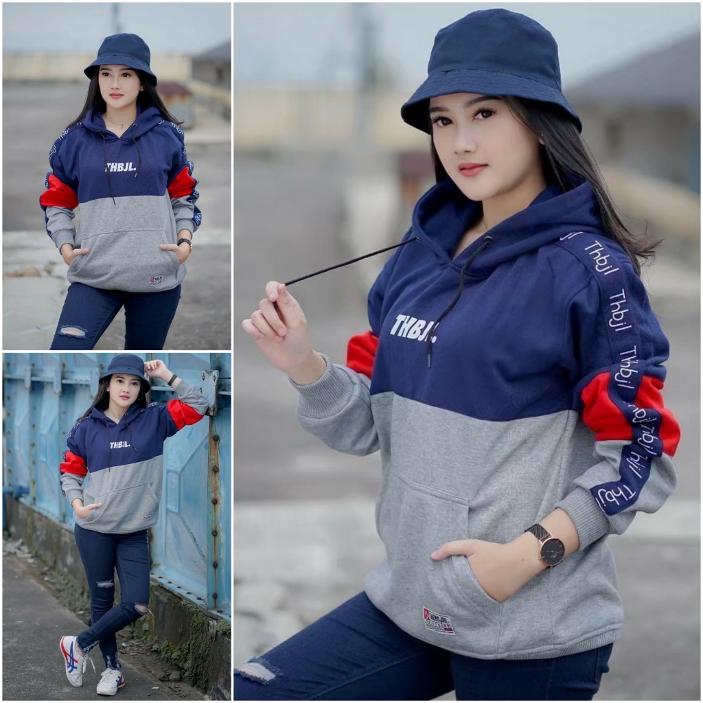 Hoodie Wanita Oversize Tebal Murah Sweater 3D Original Distro Bandung Size M L XL The Bojiel-NAVY - ABU MUDA