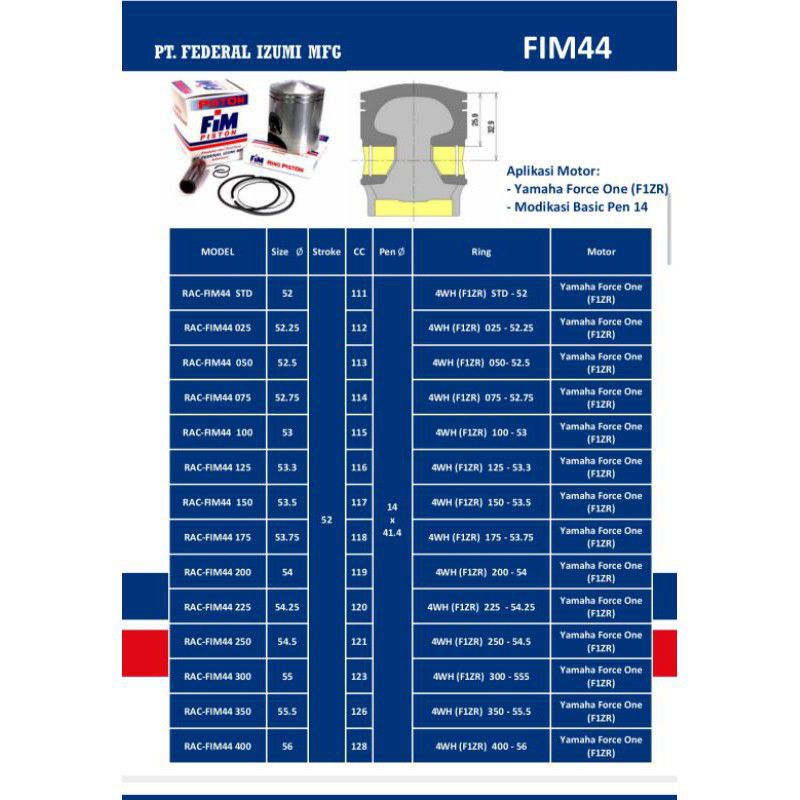 PISTON SEHER FIM F1ZR FORCE ONE FIM 44 OS STD 50 100 150 200 250 300 350 400-1