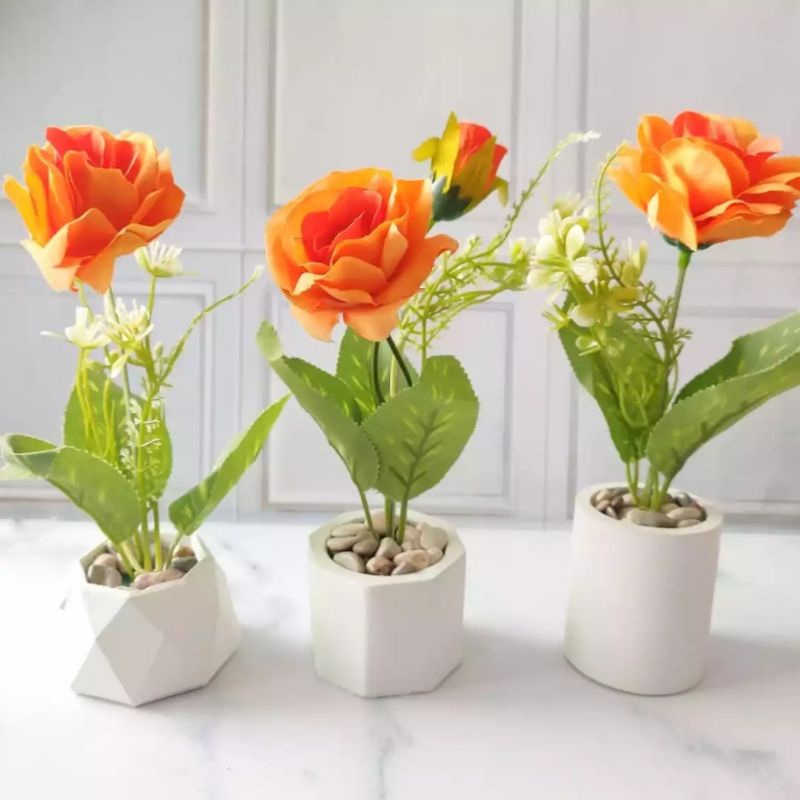 [ PROMO TERMURAH ] Bunga Artificial Rose Oranye termasuk Pot Concrete - Dekorasi Rumah - Bunga Import Grosir Murah