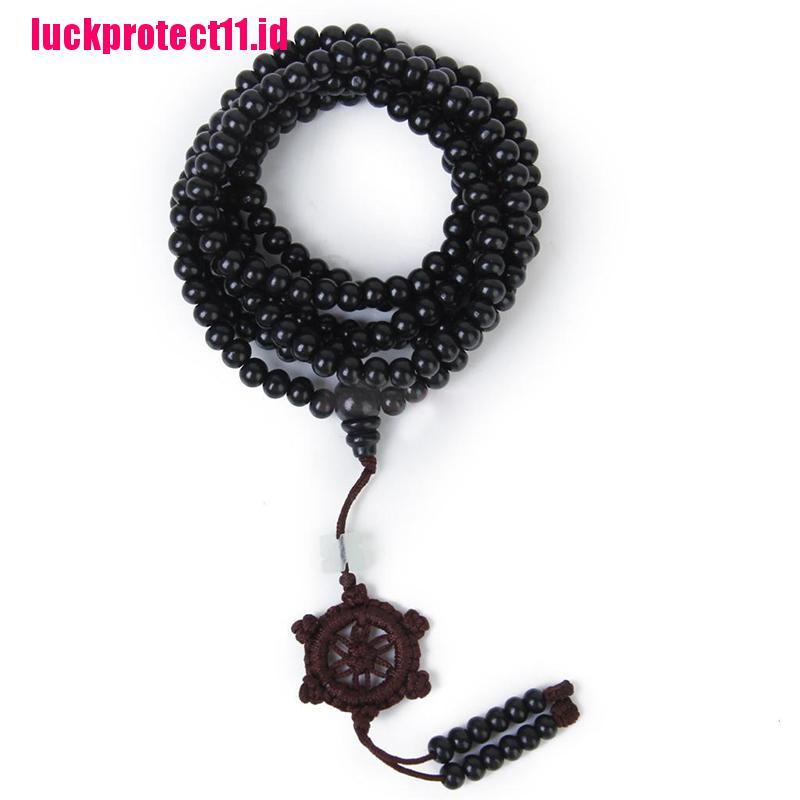 (LUCK) Gelang Tangan Mala Buddha Tibet 216 Manik-Manik Kayu Cendana Hitam Untuk Pria / Wanita