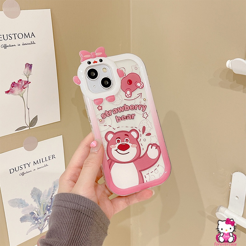 Soft Case TPU Motif Kartun Beruang Pink Strawberry 3D Untuk IPhone 7Plus 13 11 12 Pro MAX 6 6S 7 8 Plus XR X XS MAX 8Plus SE 2020