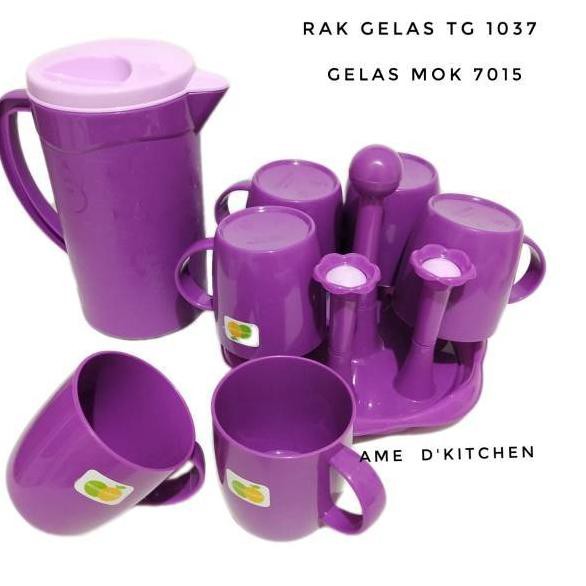 HEO-73 Teko set KBK 3011+ gelas 6 pc MOK 7015 + rak gelas isi 6 ungu golden sunkist ,.,.,.,,