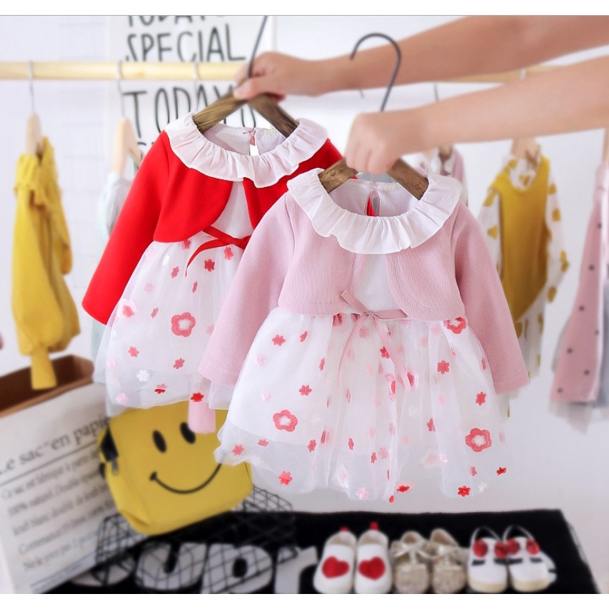 DBSP NEW Set dress dan cardigan bayi/baju dress anak tutu motif bunga