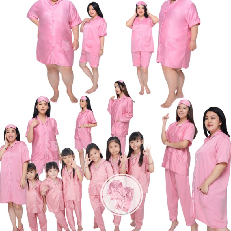 PIYAMA SATIN COUPLE MOM AND KIDS DUSTY PINK