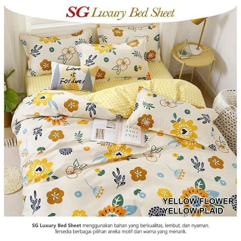 Sprei & Badcover katun lokal SG LUXURY BED SHEET motif YELLOW FLOWERS YELLOW PLAID