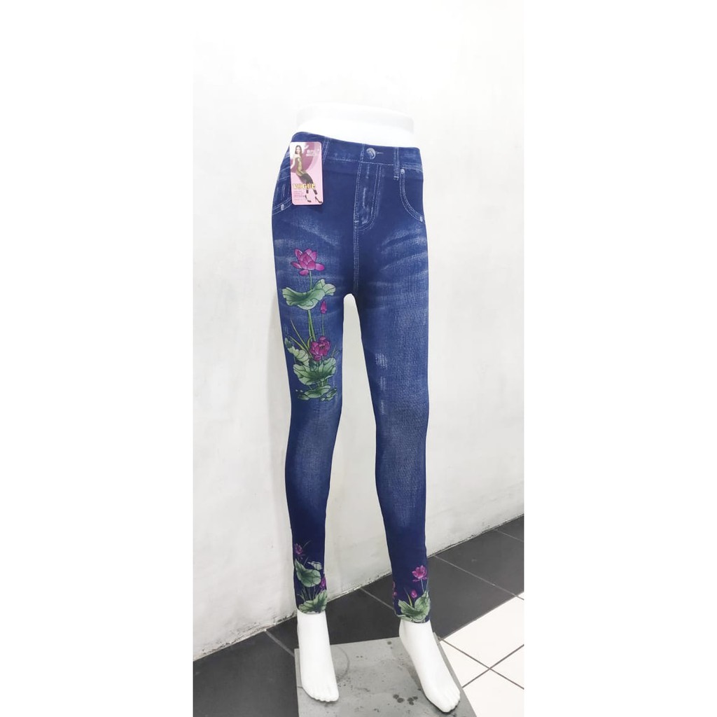 Legging jeans faux kasual elastis tinggi / peregangan legging olahraga