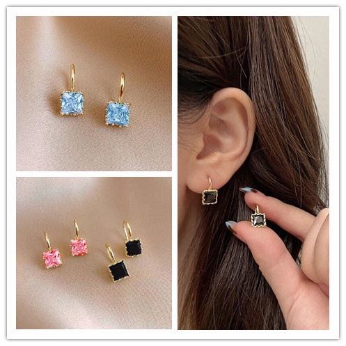 1 Pasang Anting Kait Gantung mini Hias Zircon Bentuk Kotak Warna Warni Gaya simple Untuk Wanita