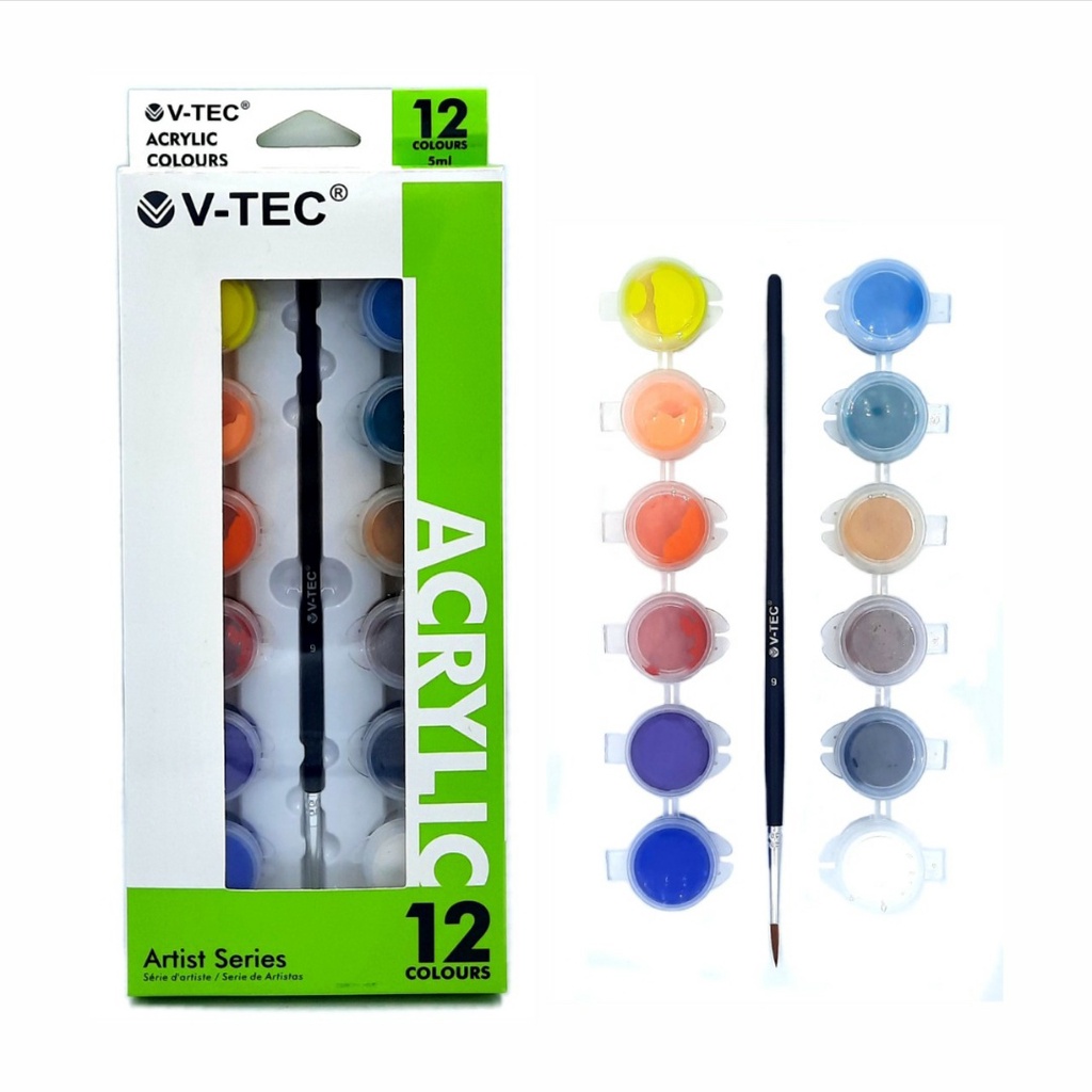 1set Cat Akrilik V-Tec 12 Warna + Kuas - Acrylic Colours Artist Series