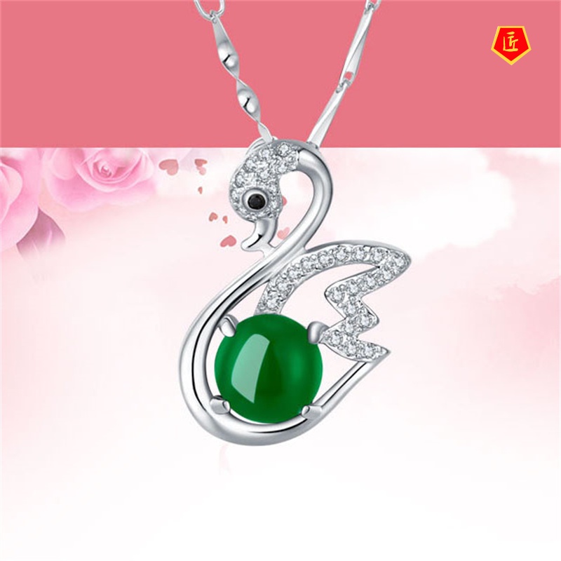 [Ready Stock]Crystal Swan Necklace Women's Platinum Green Chalcedony Pendant Korean Simple Elegant