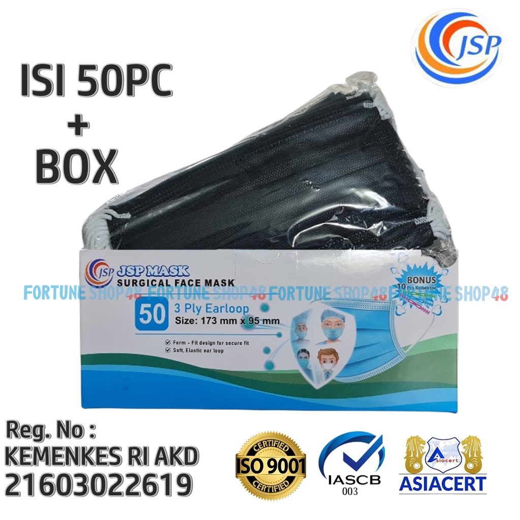 Masker Hitam JSP Izin Kemenkes  Earloop 3Ply Isi 50PC + BOX Disposable Protective Mask