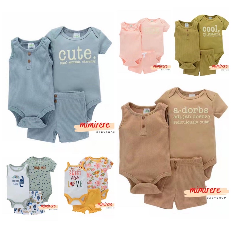 3in1 Set Boy Girl Rib Jumper Pants Set | Setelan Bayi 3in1 Pendek