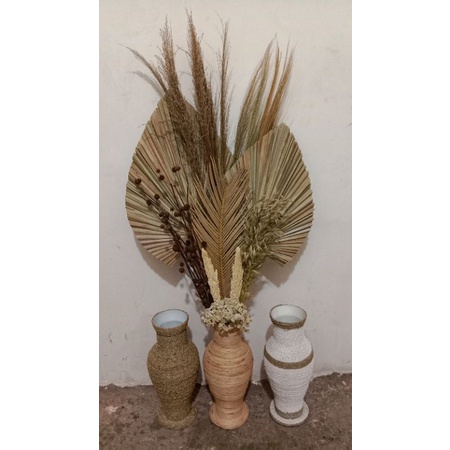 paket lengkap bunga kering dan vas T40cm | paket lengkap daun palem rustik dekorasi.