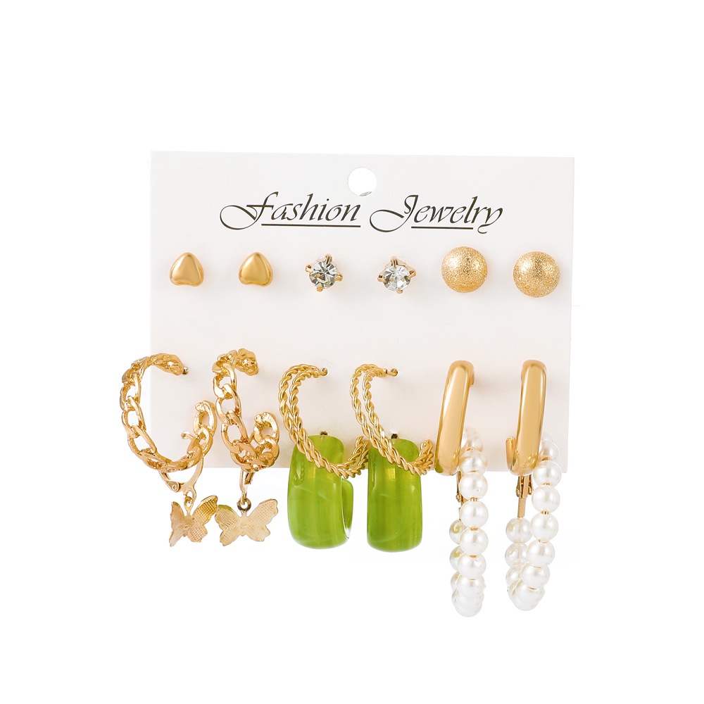 6pcs / set Anting hoop Bentuk Kupu-Kupu Geometris Aksen Mutiara Gaya retro Eropa Amerika Untuk Wanita butterfly