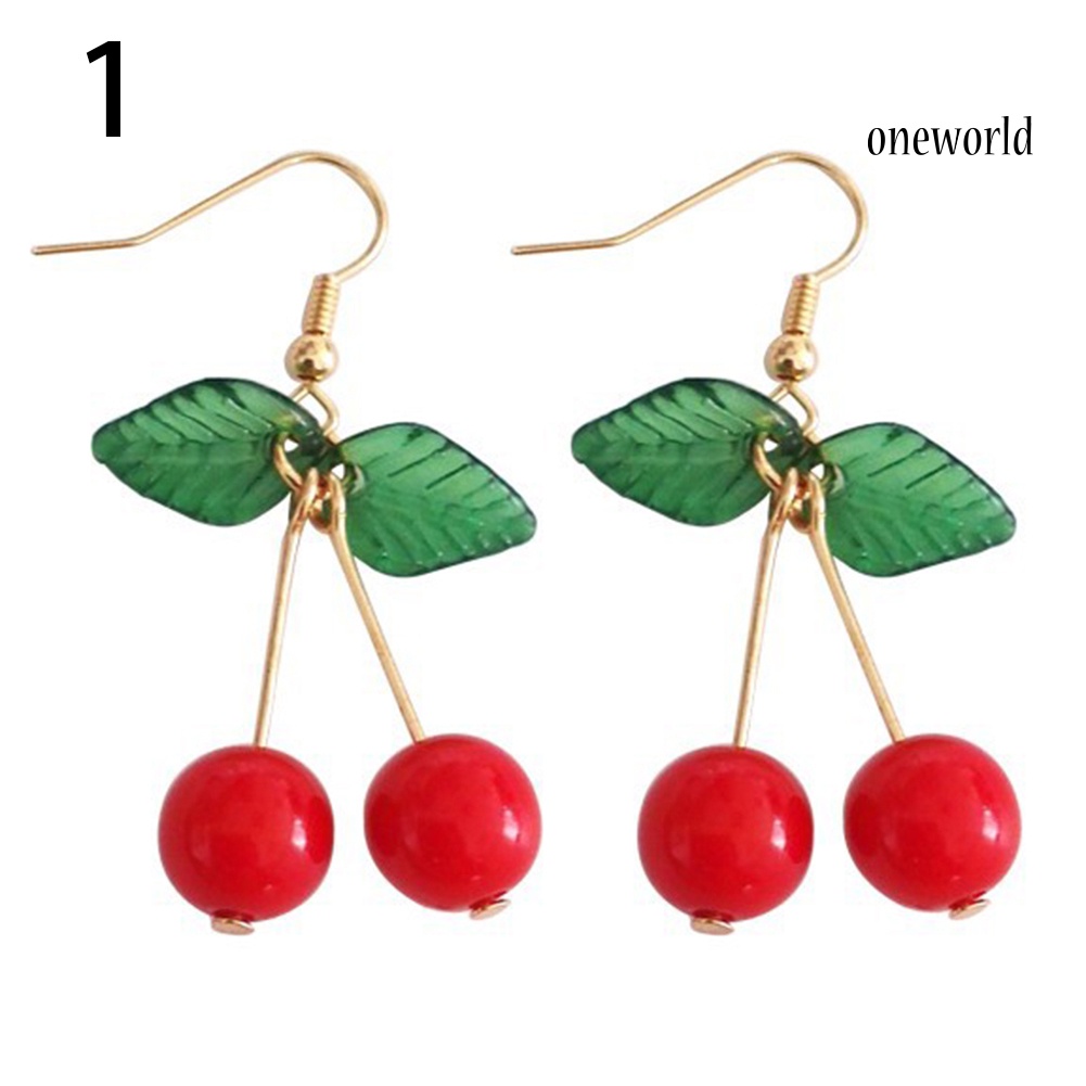 OW@ Sweet Fruit Green Leaf Red Cherry Dangle Women Ear Hook Clip Earrings Jewelry