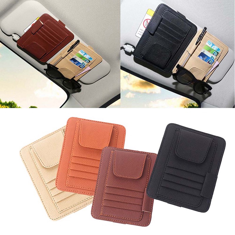 Holder Kartu / Pulpen / Kacamata Multifungsi Bahan Kulit Pu Untuk Sun Visor Mobil