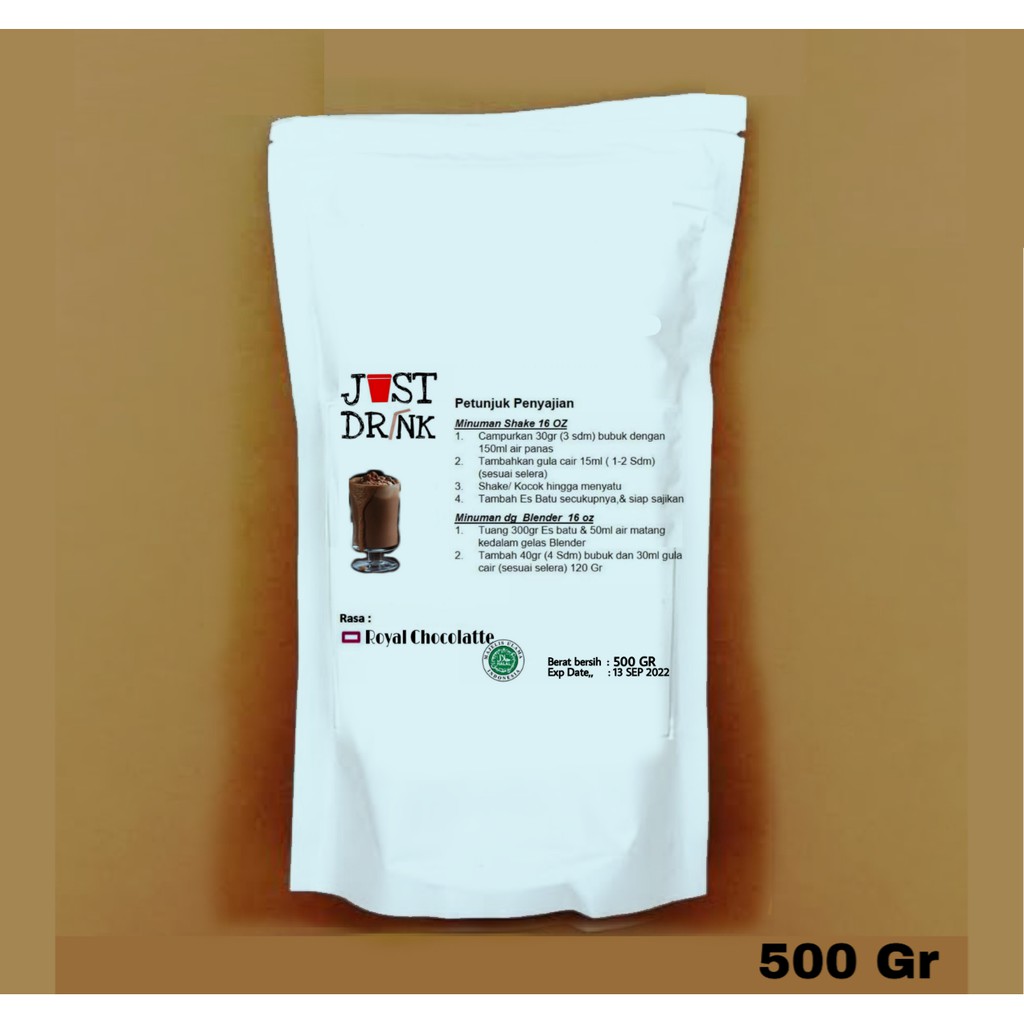 

JUST DRINK ROYAL CHOCOLATE Bubuk Minuman Kualitas PREMIUM Ice Blend Milk Shake Coklat Royal 500 GR
