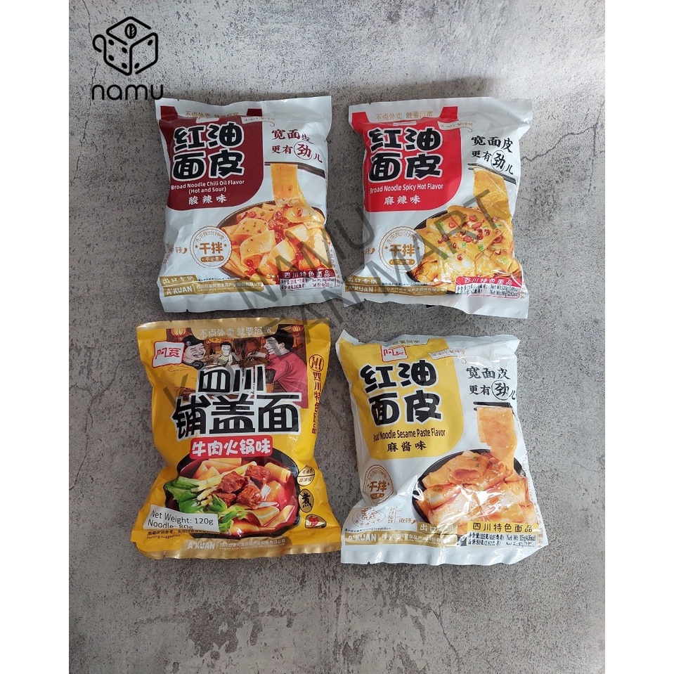 

All Varian Akuan Board Noodle 阿宽红油面皮 Hong You Mian Pi / Mie Lebar Akuan / Chili Oil / Spicy Hot / Sesame Paste / Beef Hot Pot