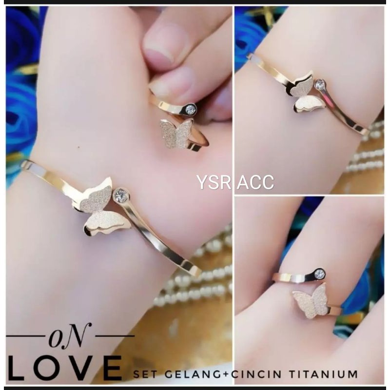 Gelang titanium anti karat gratis cincin titanium motif kupu2