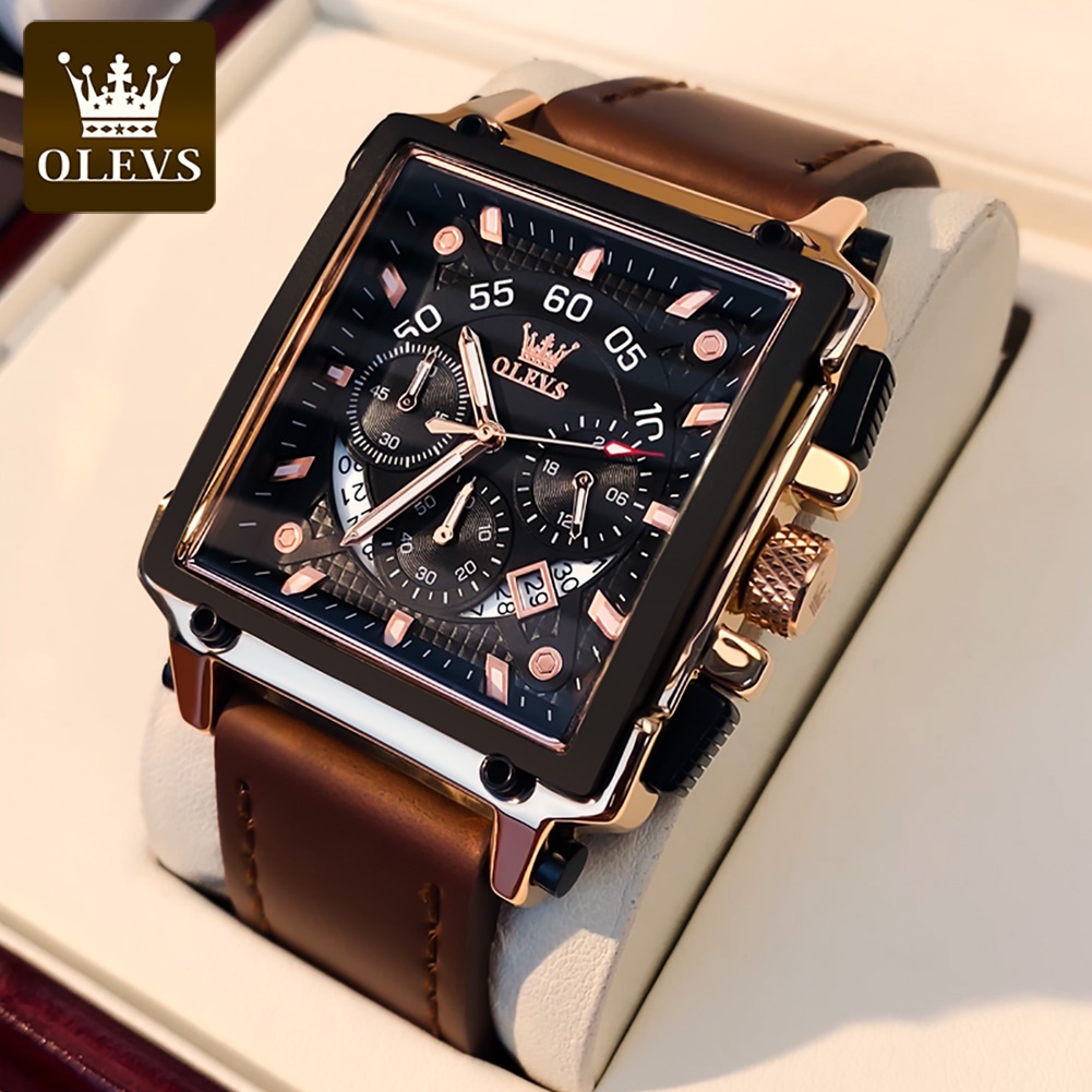 【COD】OLEVS Jam Tangan Pria Original Anti Air Kulit Tahan Keren Led Hitam Coklat Square Chronograph Watch Men Leather With Date