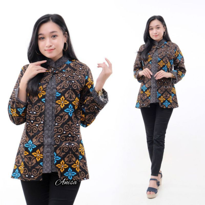 Batik wanita ASJ SA HRB026 Kenongo Kemeja Tosca Pendek-12. bintang biru