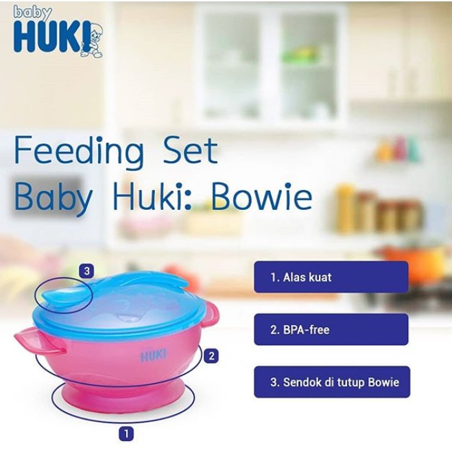 Set Mangkok Sendok Bayi BABY HUKI BOWIE with Spoon Fork non Split and Non Slip mangkuk