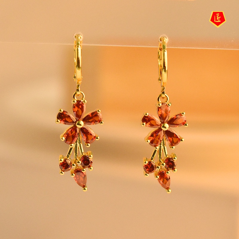 [Ready Stock]Simple Sweet 18K Gold Flower Inlaid Colored Gems Earrings