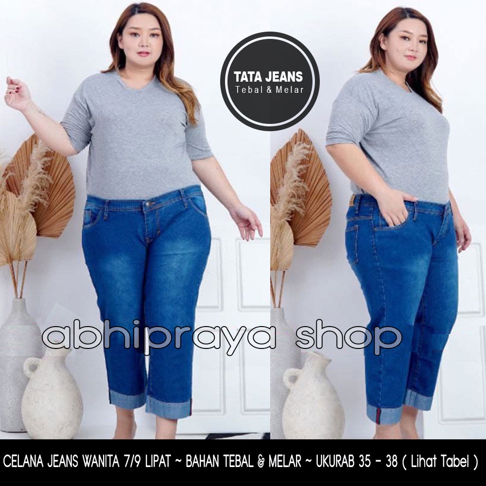 CELANA JEANAS WANITA 7 PER 9 UKURAN 35 - 38. Celana Jeans Wanita Jumbo berbahan melar dan lipat bawa