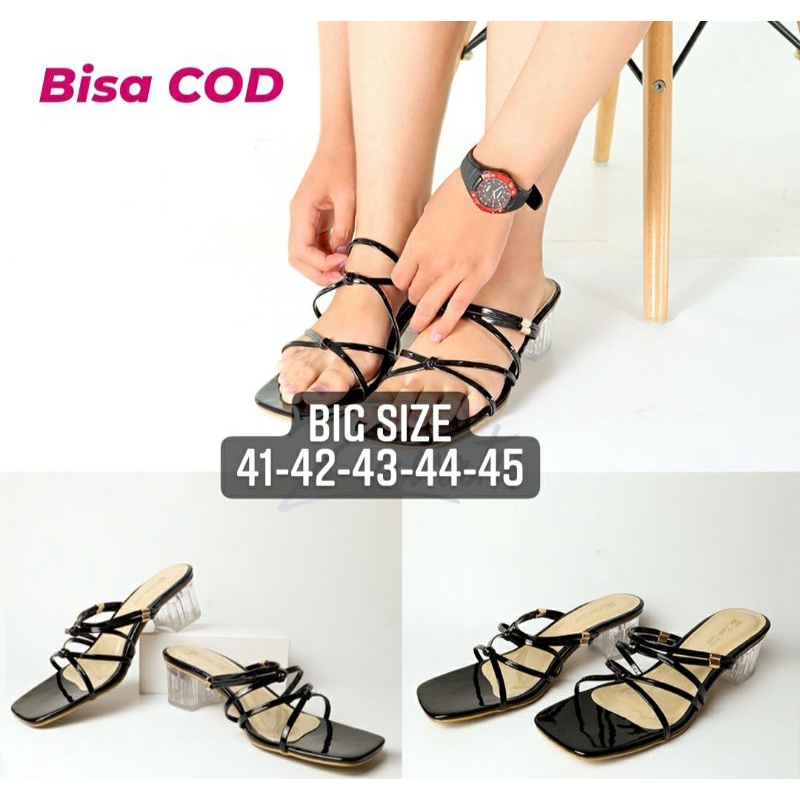 Sandal Wanita Big Size 41-45 Makazi Kaca / Heels Slop Kaca Cewek Feminim Pesta Hitam Ukuran Jumbo, 44