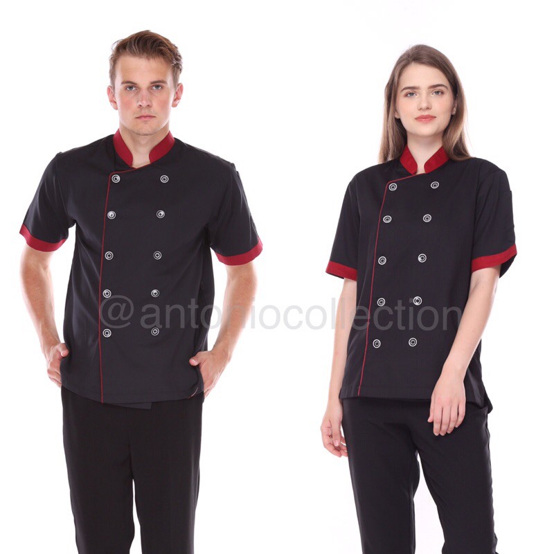 Baju Koki / Chef Putih Lengan Pendek List Hitam-Hitam