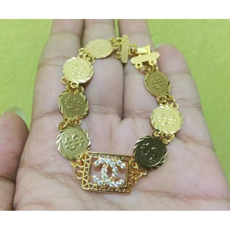 gelang koin plat cenel perhiasan wanita gold titanium mewah