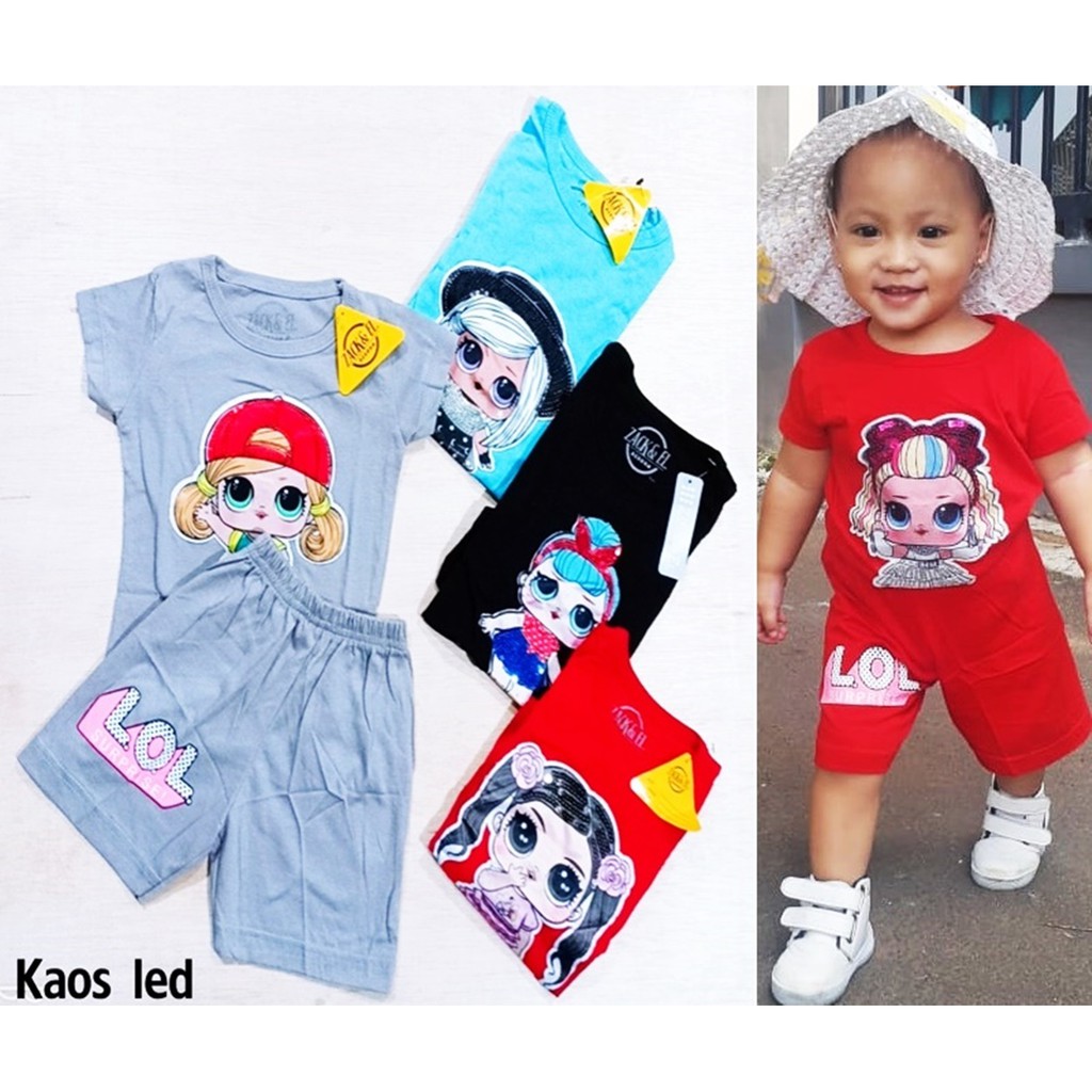 Setelan Anak 1-5 Tahun Motif lol Random dengan Lampu LED Baju Anak Perempuan Murah