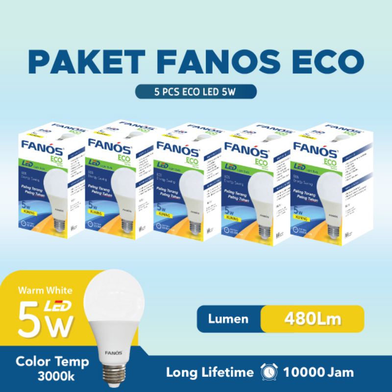 Paket 5 pcs Lampu Led Fanos eco 5 watt Putih dan Kuning Garansi 1 Tahun