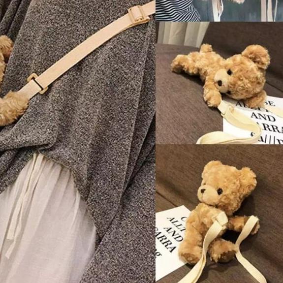 ♀ BNG Tas Selempang BERUANG merangkulku _Tas selempang boneka_tas bulu_tas handphone_Slingbag gembok