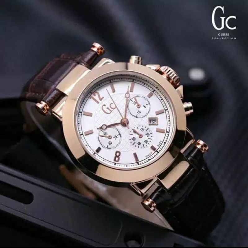 Jam Tangan Pria / Wanita GC Guess Collection Chrono Kulit Quartz Analog GC001 Import Premium GC001/ C1-COKLAT