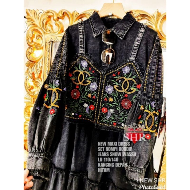 100% ORI NEW DRESS MAXI SHR ROMPI JEANS BORDIR SNOW WASH HITAM SYAHIRA