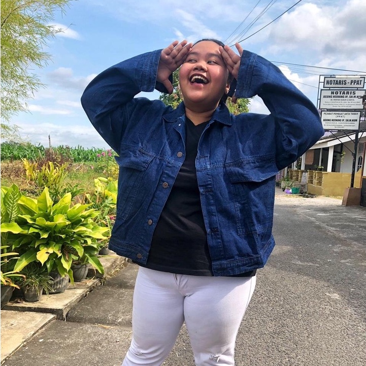 Jaket Jeans Oversize LD 110 - 150 // Jaket Jumbo Saku Wanita Sandwash Denim Premium-OYSTER NAVY LD140