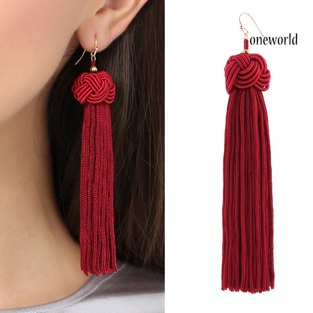 OW@ Bohemian Women Woven Knot Long Tassel Dangle Hook Earrings Statement Jewelry