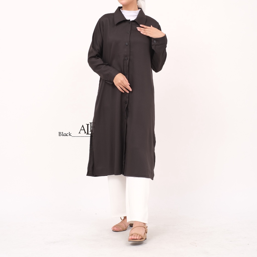 Messi Long Tunik Black by Alfaina / Basic Tunic Kemeja Hitam Wanita